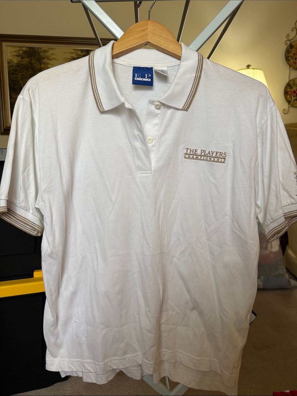 EP Pro White Polo with Tan Trim and The Players Logo